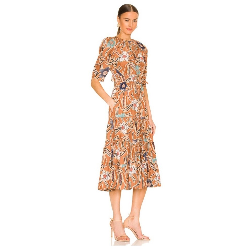 Ulla Johnson Zeenat Silk‎ Floral Batik Tiered Midi Dress Puff Sleeve Copper Sz 4 - Picture 3 of 12
